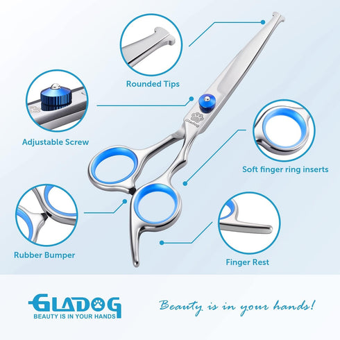 GLADOG 5 in 1 Professional Dog Grooming Scissors Set with Safety Round Tips, Heavy-duty Shears for Cats