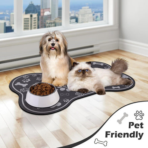 Dog Cat Food Mat - Rapid Absorbent Pet Feeding Mat, Bone Shaped Placemat with Rubber Backing, Dark Grey