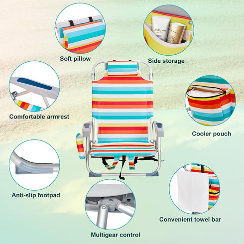 MUCDBPS 5 Folding Beach Chair Lightweight, Folding Webbed Lawn Beach Chair for Adults with Headrest and Cup Holder,Low