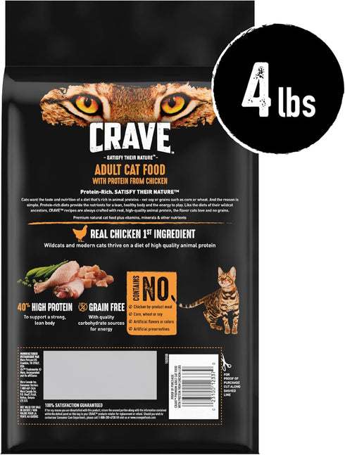 CRAVE Grain Free Adult High Protein Natural Dry Cat Food with Chicken, 4 lb. Bag