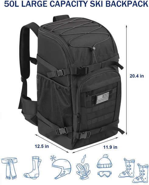 Ski Boot Bag, 50L Padded Travel Backpack for Snowboard Boots, Helmet, Goggles, Gloves