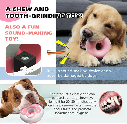 Cute Donut Dog Toy, Indestructible Squeaky Chew Toy for Aggressive Chewers, Medium & Large Breeds (Pink)