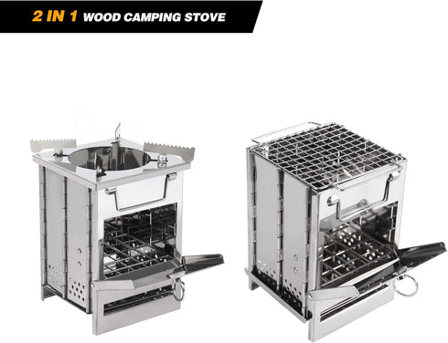 REDCAMP Wood Burning Camping Stove with Pot Stand, Folding Stainless Steel Backpacking Stove for Outdoor Cooking