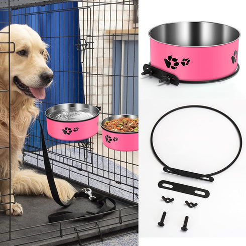 2 Pack Mountable Stainless Steel Kennel Bowls for Dogs, No Spill Hanging Water Bowls with Clamp Holder (Hot Pink)