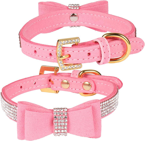 LOVPE Pink Velvet Leather Dog Collar/Cat Collar - Rhinestone Bow-Knot Tie for Small Dogs & Cats, Size S