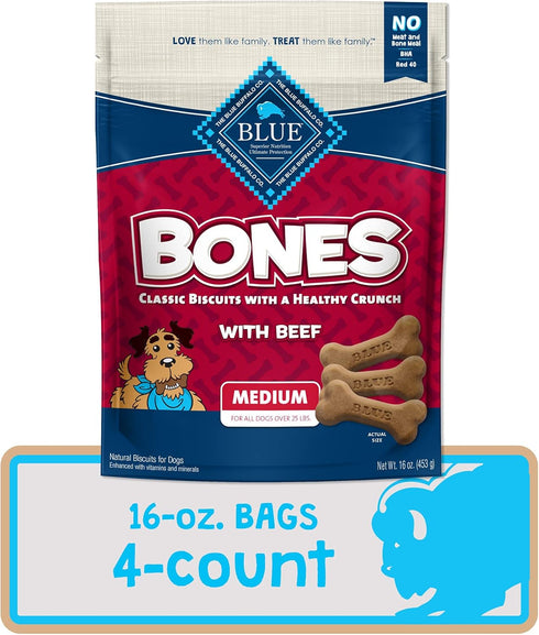 16oz. 4 Count Blue Buffalo Bones Natural Crunchy Dog Treats Medium Dog Biscuits Beef, Bag