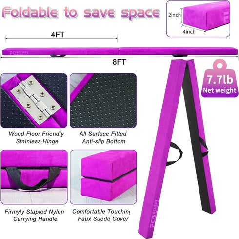 8FT FC FUNCHEER Folding Balance Beam -Gymnastics Floor Beam -Gymnastics Equipment for Kids,Wood core- Anti-Slip Bottom