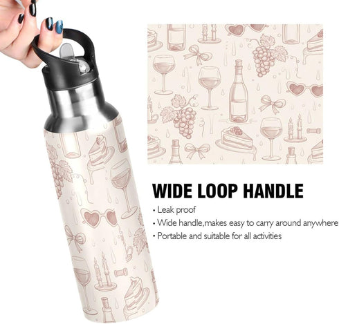 Wassud 22 oz Water Bottle Rose Wine Bottles Stainless Steel Sport Water Bottle with Straw Insulated Water Bottles