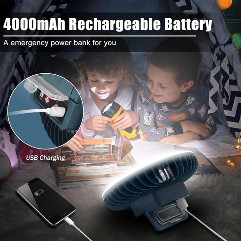 XTAUTO Portable Camping Fan with LED Lantern, USB Rechargeable Waterproof Tent Fan for Outdoor Hiking, Emergency Power