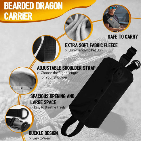 Adjustable Lizard Leather Leash Harness and Bearded Dragon Carrier Sling, Reptile Small Pet Training Leashes and Beardie Snuggle Sling Bag for Outdoor Travel (XL Black Sling)