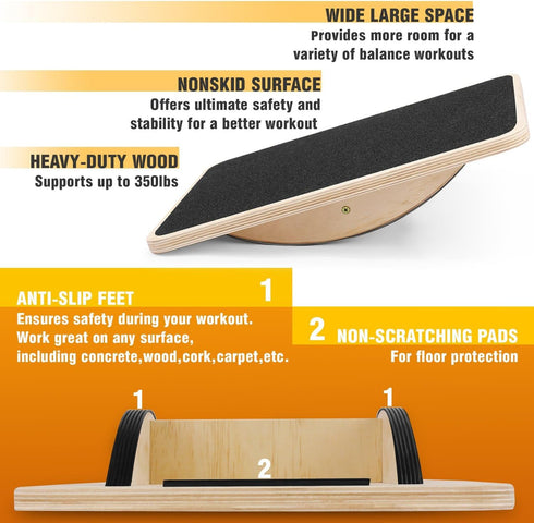 Yes4All 350LBS Professional Wooden Balance Board, Anti-Slip Rocker Board for Leg Workout, Wobble Board