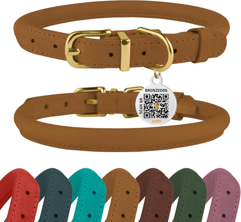 BRONZEDOG Rolled Leather Dog Collar with QR ID Tag, Adjustable Soft Round Collars for Small Medium Large Dogs Puppy Cat