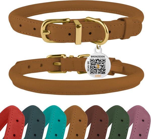 BRONZEDOG Rolled Leather Dog Collar with QR ID Tag, Adjustable Soft Round Collars for Small Medium Large Dogs Puppy Cat