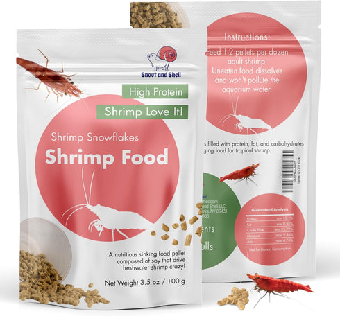 3.5oz/100mg Snout and Shell Snowflakes Shrimp Food - High Protein Sinking Soy Pellets for Tropical Freshwater