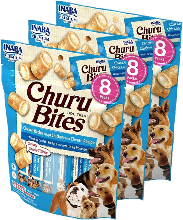 INABA Churu Bites for Dogs, Grain-Free, Soft/Chewy Baked Chicken Wrapped Churu Filled