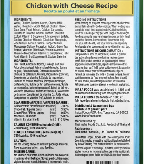 INABA Churu Meal Topper for Dogs, Complete & Balanced, Creamy, Lickable Purée Dog Food Topper, 0.5 Ounce Tube, 12 Tubes (4 per Pack) Chicken with Cheese Recipe