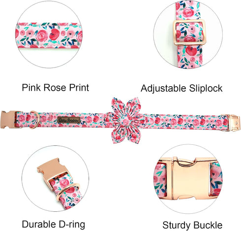 Cute Pink Flowers Print Dog Collar, Soft Adjustable Pet Collar with Metal Buckle Gift for X-Large Dogs