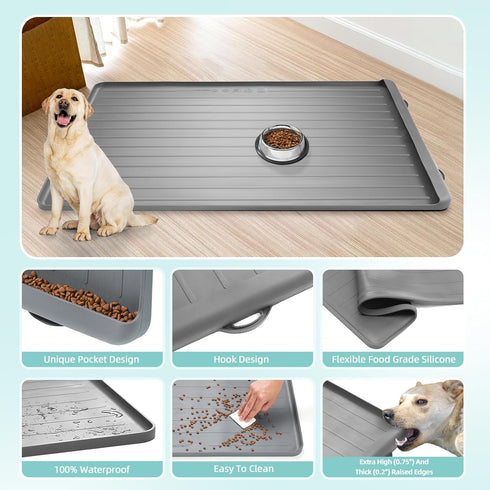 Large Dog Mat for Food and Water - 39.4" x 27" Waterproof Pet Feeding Mats with Residue Collection Pocket (Light Grey)