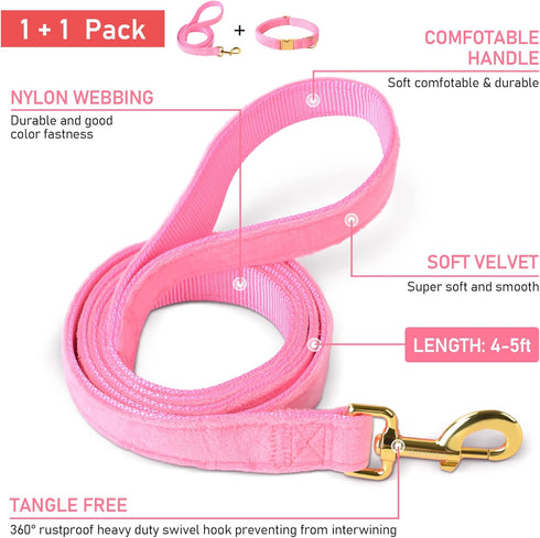 GAMUDA Velvet Dog Collar and Leash - Super Soft Heavy Duty Gold Buckle, Adjustable Easy to Clean (XL, Pink)
