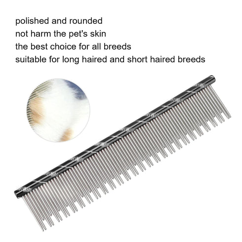 Pet Comb Dog Grooming Tool with Long and Short Teeth for Comfortable Pet Hair Removal, Black