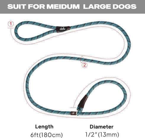 TwoEar Dog Leash Slip Lead - 1/2" x 6FT Reflective Durable Training Leash for Medium & Large Dogs, Blue