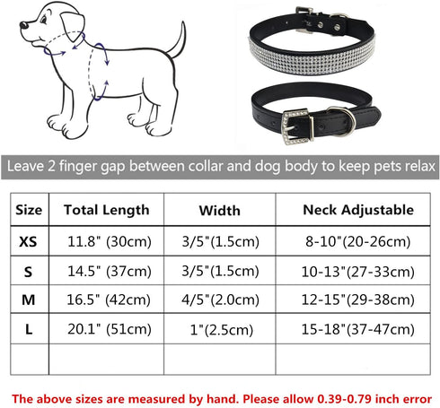 THAIN Basic Adjustable Dog Cat Collar, Bling Rhinestones, PU Leather with Rhinestones Buckle, Black, L (Length 15"-18")