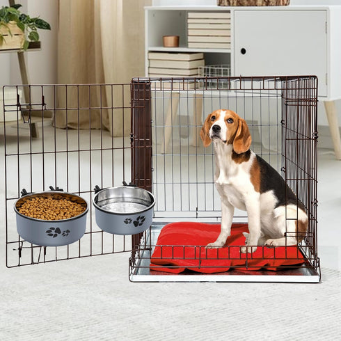 Dog Crate Water Bowl - 2PCS No Spill Hanging Kennel Water Bowls, Detachable Pet Water Food Bowl with Clamp Holder, Feeder Dish for Indoor Outdoor Dogs & Cats in Crate Cage Kennel, 38oz & 56oz