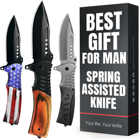Spring Assisted Tactical Pocket Knife, 3.66" Sharp Blade with Wood Handle, Glass Breaker & Clip for EDC Camping