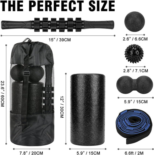 Foam Roller Set - High Density Back Roller, Muscle Roller Stick, Stretching Strap, Massage Ball