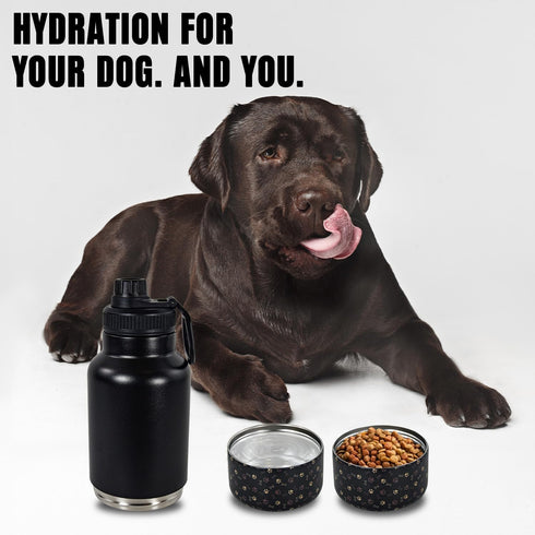 AGH Dog Water Bottle, 32oz Portable Bottle with Detachable Bowl for Food Feeding, Stainless Steel for Travel (Black)