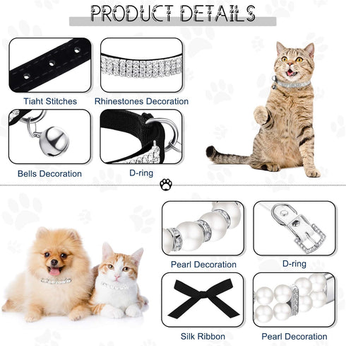 3 Pieces Rhinestones Dog Collar Set, Adjustable Artificial Pearl Dog Collar, White Bling Diamante Cat Necklace with Bell