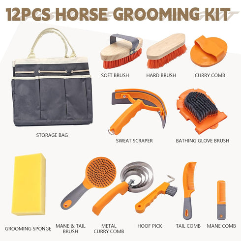 GuZhiYue 12-Piece Set Professional Horse Brush Kit with Storage Tote, Grooming for Daily Stable Care, Includes Curry