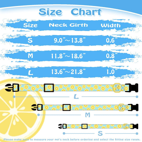 Cute Cotton Dog Collar, Summer Lemon Pattern Adjustable Soft Collar for Small Medium Large Dogs, for Boys and Girls