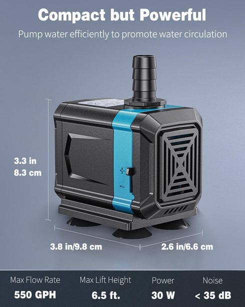 Pawfly 550 GPH Aquarium Submersible Water Pump (2000L/H, 30W) Ultra Quiet Water Fountain Pump with 6.5 ft. Lift Height Adjustable Water Pump for Fish Tanks Ponds Gardens Waterfalls Statuary and Sumps