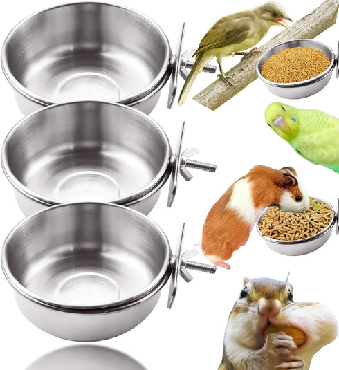 MotBach 3 Pieces Stainless Steel Bird Feeding Dish Cups, Parrot Food Water Bowls with Clamp for Pet Cage