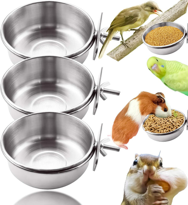 MotBach 3 Pieces Stainless Steel Bird Feeding Dish Cups, Parrot Food Water Bowls with Clamp for Pet Cage