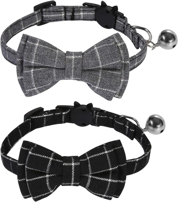SLSON 2 Pack Breakaway Cat Collar with Bell and Bow Tie, Adjustable Plaid Kitten Collar for Cats and Small Dogs