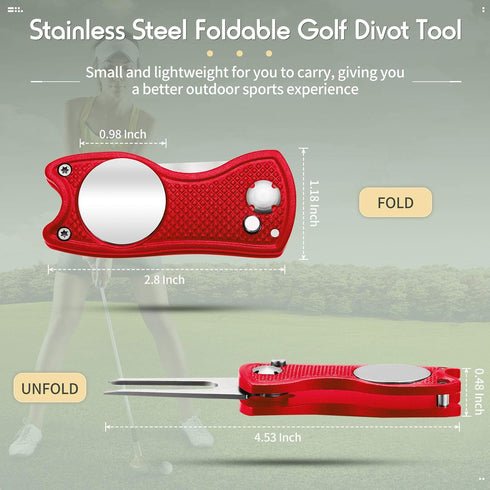 Skylety 4 Pieces Stainless Steel Golf Divot Repair Tool with Magnetic Button Ball Marker, Foldable Switchblade