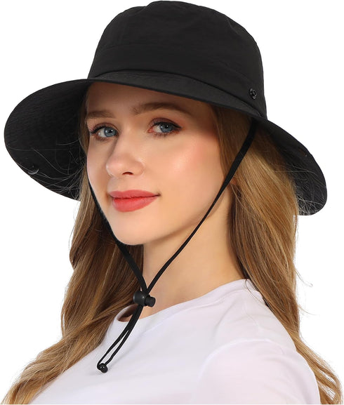 Solid Packable Sun Hat for Women and Men, Wide Brim Waterproof Beach Bucket Hats, UPF 50+