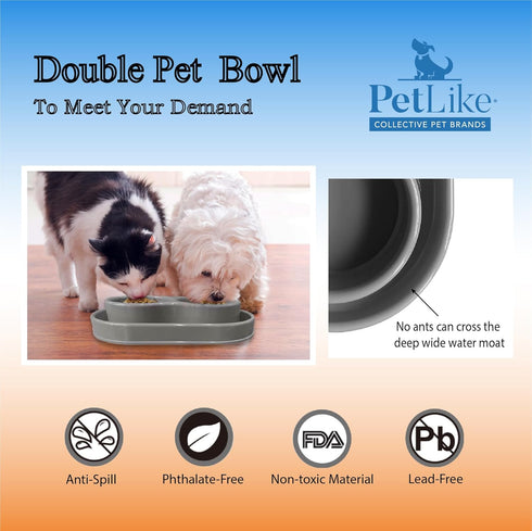PetLike Ants Away Double Dog Water and Food Bowls, 6 cups/48oz Feeder Bowls for Medium and Large Dogs (Grey).