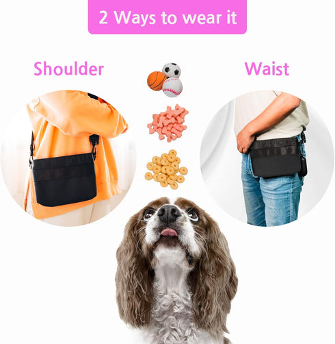 Dog Treat Pouch - Black, 3 Pockets, Waist/Shoulder Wear, Eco-Friendly Material, Poop Bag Dispenser