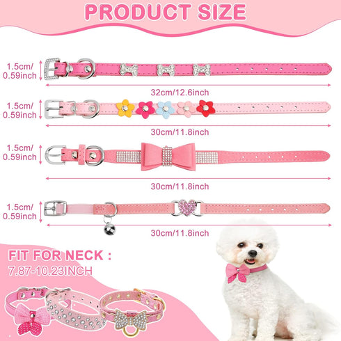 9 Pieces Pink Rhinestones Dog Collar, PU Leather Bling Crystal Collars with Bow, Bone, Heart, Flower for Pets