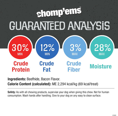CHOMP 'EMS Purehide Chews - Slow Roasted Rawhide Dog Treats, High Protein Beef Hide, Bacon Flavor, 8.5 Oz