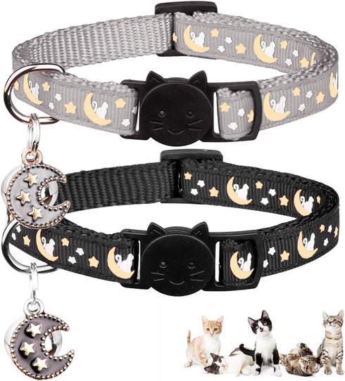 2Pcs Breakaway Cat Collars for Boy & Girl Cats, Adjustable Kitten Collars with Bell, Black + Gray