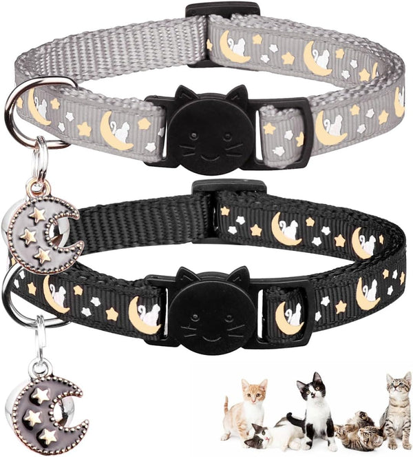 2Pcs Breakaway Cat Collars for Boy & Girl Cats, Adjustable Kitten Collars with Bell, Black + Gray