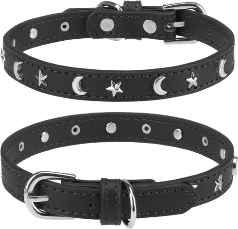 Leather Dog Collar for Puppy - Adjustable Star and Moon Studded Collars with Rust-Proof Metal Buckle and Charms, XS S