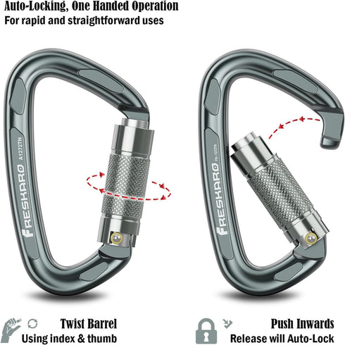 FresKaro 4inches Climbing Carabiners, UIAA CE Certified, Twist Auto Locking, Made of 7075 Aluminium, Lightweight