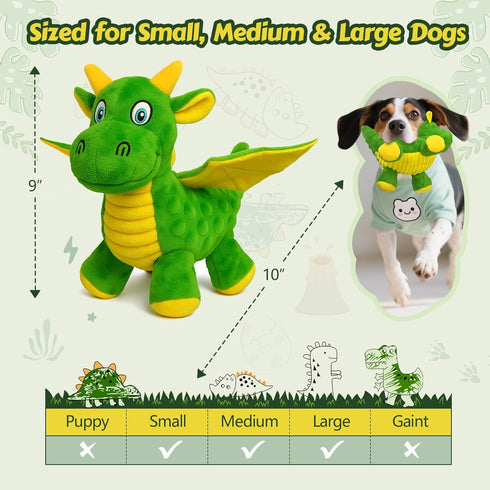 BBeary 5 (Green,10") Squeaky Dog Toys - Soft Plush Dragon Dog Toy with Squeakers & Crinkle Paper, Dog Toys for Small