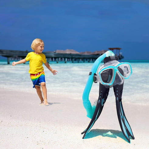 Kids Snorkel Set with Mask, Fins, Mesh Bag, Anti-Fog Snorkeling Gear for Swimming