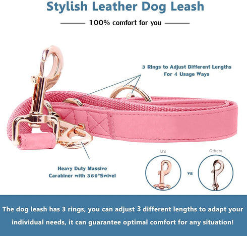Soft Leather Dog Collar and Leash Set (6.6'), Stylish Rose Gold Heavy Duty Metal Buckle, Dark Pink M (13.8"-19.7")